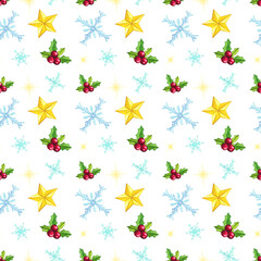 Christmas seamless pattern with stars, snowflakes, mistletoe on white background. Hand drawn Xmas elements. Winter background.