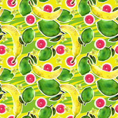 Pattern with lemon and other watercolor bright fruits on  paper.