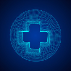 First aid medical cross wireframe low poly mesh, vector symbol illustration