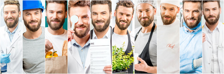 Collage of portraits of a handsome man with different professions