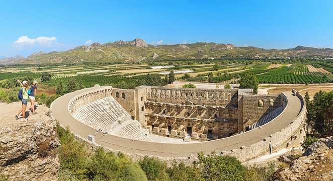 Ancient Roman amphitheater of Aspendos near Antalya. Travel in Turkey for historical and cultural destinations concept