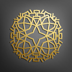 Islamic mandala 3D round gold ornament.