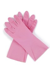 Purple rubber gloves on white background