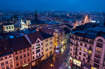 Ukraine, Ivano-Frankivsk, November 26, 2017: Panorama of the small European city of Ivano-Frankivsk in western Ukraine, city center at night time