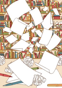 Illustration of a bunch of empty papers, flying through the air in front of an office bookshelf