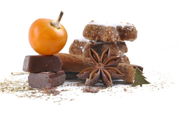  fruit of physalis on piece of chocolate with anise,   cinnamon and  cookies on white background