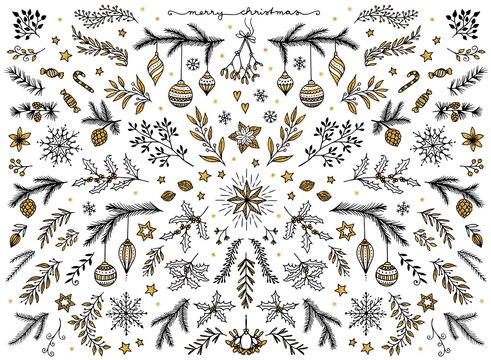 	
Hand sketched floral design elements for Christmas: pine tree branches, holly, mistletoe and other floral ornaments for text decoration, black ink with gold foil