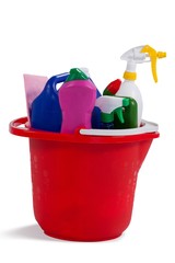 Various household cleaning supplies in a bucket