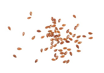 pile flax seeds isolated on white background, top veiw linseeds
