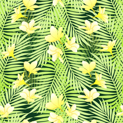 Seamless pattern with exotic yellow frangipani flowers and palm tree leaves. Abstract summer holiday design. Exotic floral motif