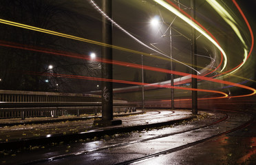 A tram captured with a slow shutter speed