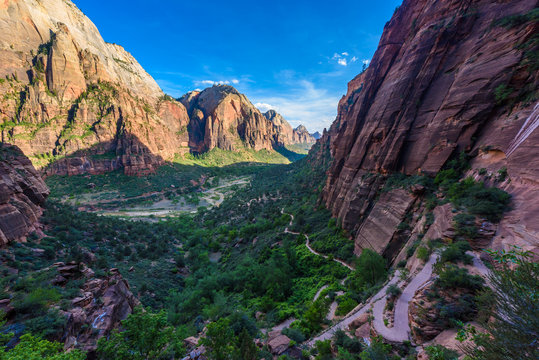 Hiking in beautiful scenery in Zion National Park along the Angel's Landing trail, View of Zion Canyon, Utah, USA