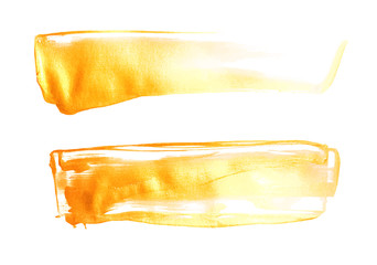 Vector gold paint smear stroke stain set. Abstract gold glittering textured art illustration. Gold Texture Paint Stain Illustration. Hand drawn brush strokes vector design elements. Acrilyc strokes.