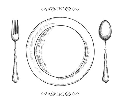Cutlery fork spoon and plate vector sketch. hand drawing isolated