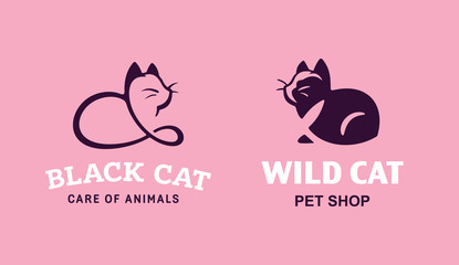 Set logo illustration cats, pet emblem design on pink background
