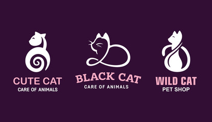 Set logo illustration cats, pet emblem design on black background