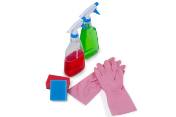 Detergent spray bottles, sponge pad and rubber glove on white