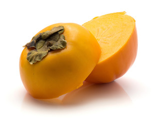 Fototapeta na wymiar Sliced persimmon Kaki isolated on white background two halves.