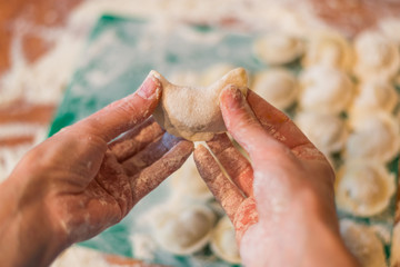 Female hands make home dumplings, close-up.