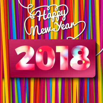 Happy New Year greeting card made from bundle of bright laces. 2018 placed on the red label. With shining glares. With free place 