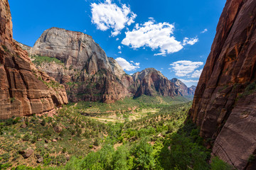 Hiking in beautiful scenery in Zion National Park along the Angel's Landing trail, View of Zion Canyon, Utah, USA