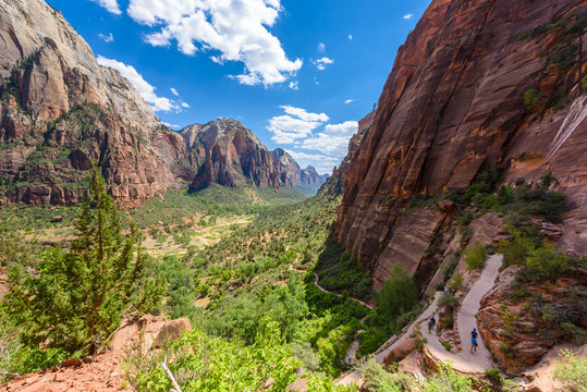 Hiking in beautiful scenery in Zion National Park along the Angel's Landing trail, View of Zion Canyon, Utah, USA