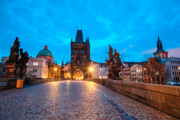 Naklejka na ściany i meble Prague, Czech Republic - November, 23, 2017: night view to the Charles bridge in the center of Prague