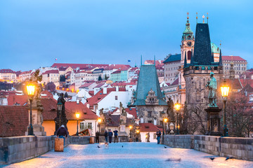 Prague, Czech Republic - November, 23, 2017: night view to the Charles bridge in the center of Prague