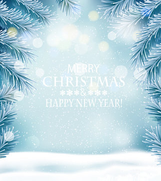 Holiday Christmas background with a snowflakes and branches of tree. Vector.