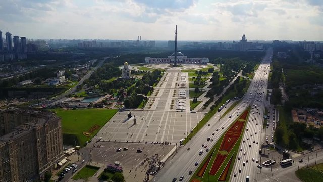 Aerial view on Poklonnaya Hill in Moscow, Russia. Poklonnaya Hill in Moscow, Russia. Statue of St. George and main building of museum of Great Patriotic War on Poklonnaya Hill, aerial view.
