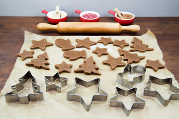 Preparing Christmas gingerbread cookies with metal cutters