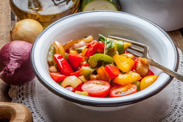 Ratatouille on a rustic table.
