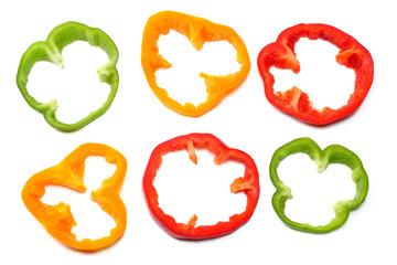 sliced sweet bell pepper isolated on white background. top view