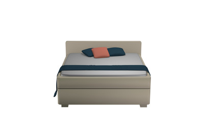 Schlichtes Doppelbett in beige mit Kissen und Decke. Aus Vorderansicht