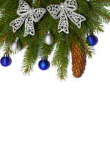 Christmas background. Top view with copy space. fir tree with cone isolated on white background