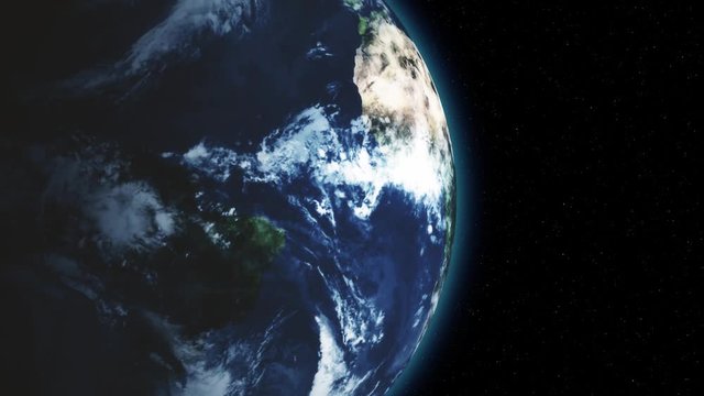 Seamless looping earth by in space night. the planet slowly rotates and moves away. stops at the center of the frame
