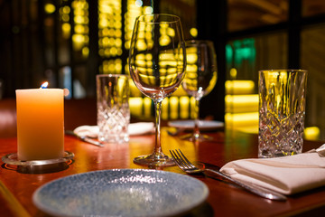 a table in front of a banquet in a restaurant