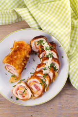 Chicken breast wraps with bacon and cheese, overhead, top view