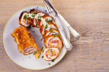 Chicken breast wraps with bacon and cheese, overhead, top view