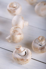 Mushrooms champignons on a white wooden background