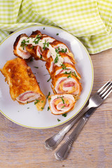 Chicken breast wraps with bacon and cheese, overhead, top view