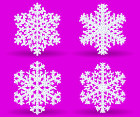 Set of four white sparkling decorative snowflakes. Vector geometric pattern. 
