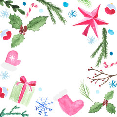 Christmas watercolor elements placed as frame on white background. Vector illustration of christmas sock, star, fir, winter berries, tree toys, candy cane, wrapped gift, holly, snowflakes