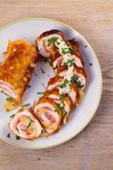 Chicken breast wraps with bacon and cheese, overhead, top view