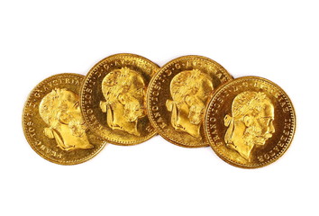 Gold ducat of Austria-Hungary in 1915, Franz Joseph I isolated on white