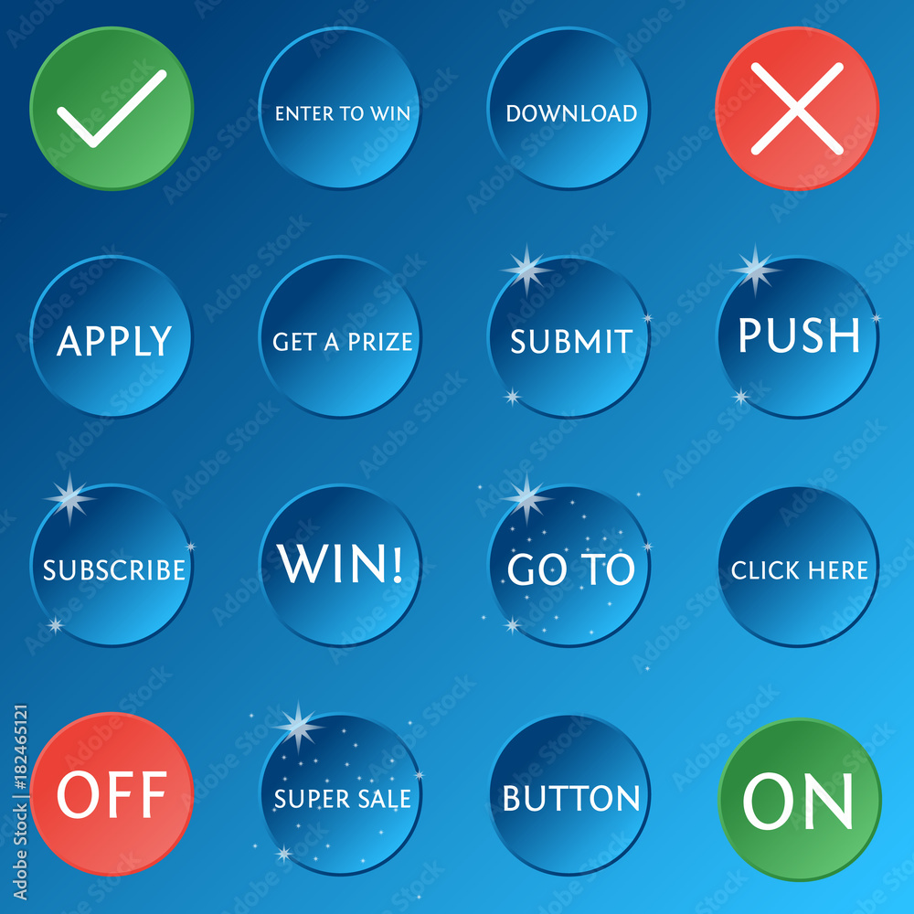 Poster flat simple illustration of buttons isolated on blue background. color icons buttons set with text i