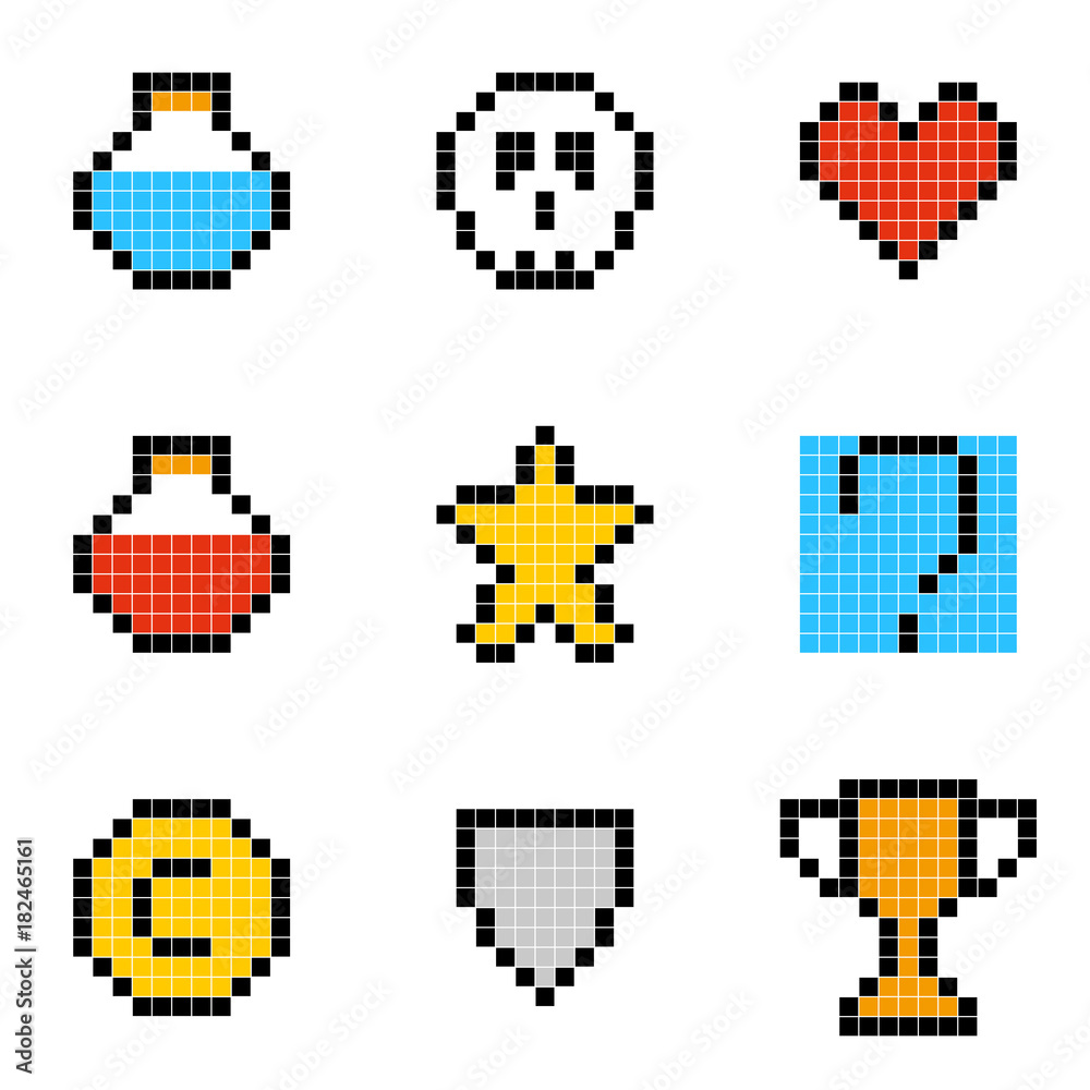 Poster flat simple illustration of set of minimalistic pixel art vector objects isolated on white backgroun