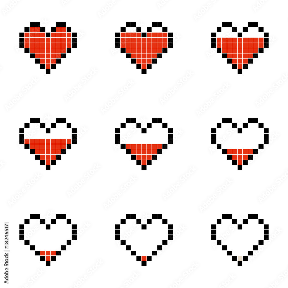 Poster flat simple illustration of set of minimalistic pixel art vector objects isolated on white backgroun