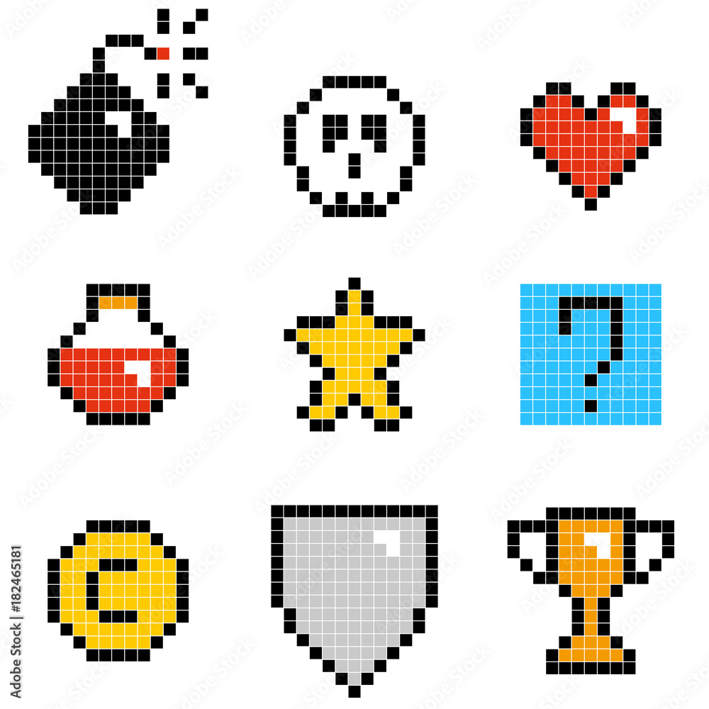 Poster flat simple illustration of set of minimalistic pixel art vector objects isolated on white backgroun