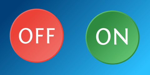 Flat simple illustration of buttons isolated on blue background. Color icons buttons set with text in the cartoon style. Colorful toggle switch. Vector image.
